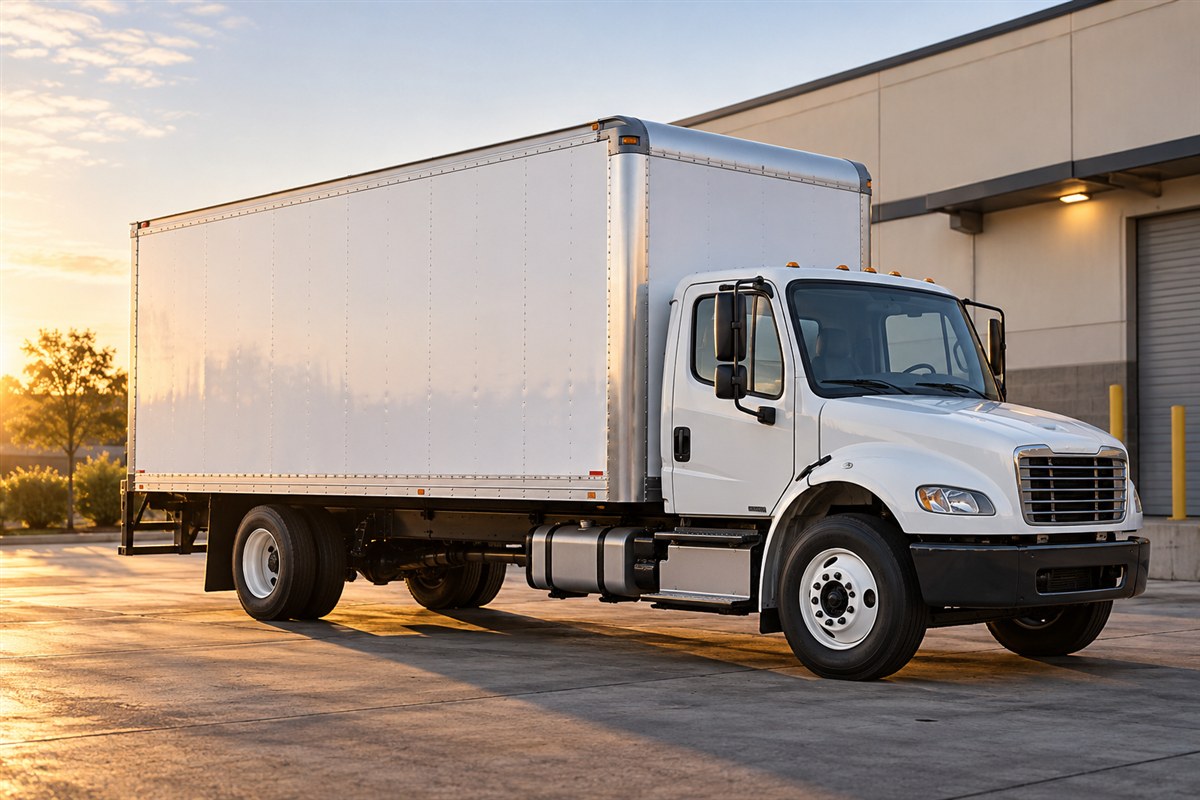 White box truck outside a commercial warehouse in warm morning light