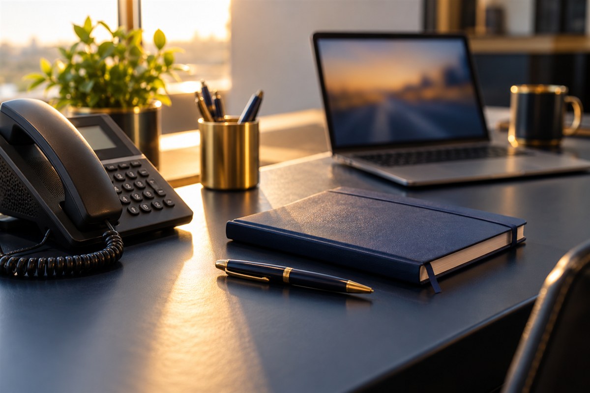 Telephone, notebook and laptop on a dispatch workspace