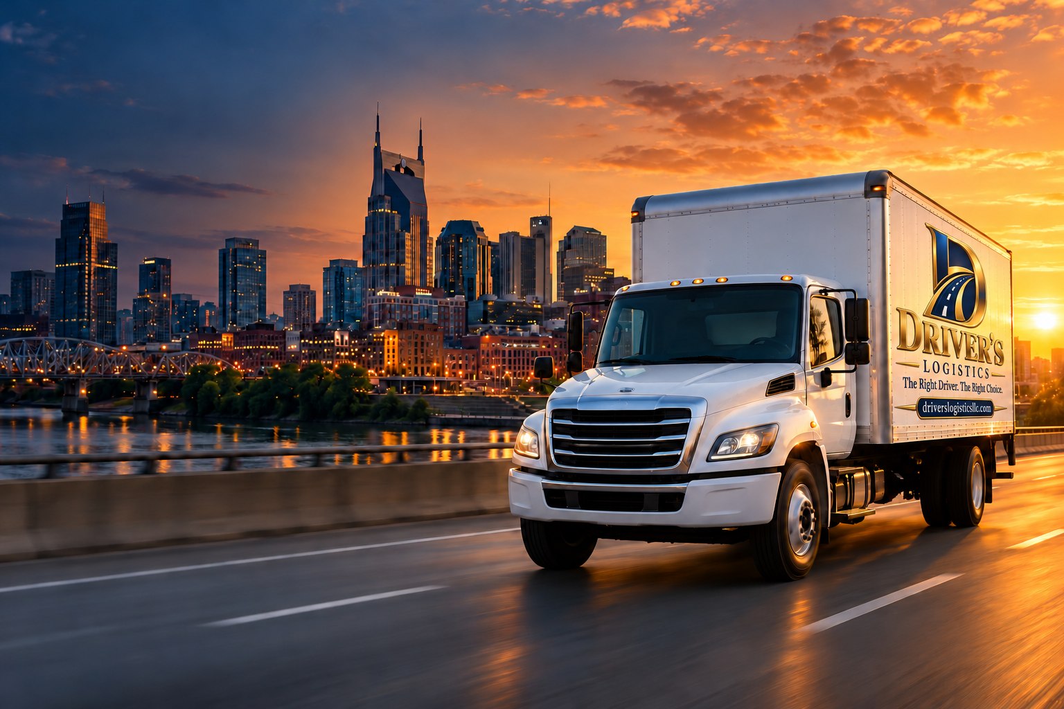Illustrative branded box truck at sunset