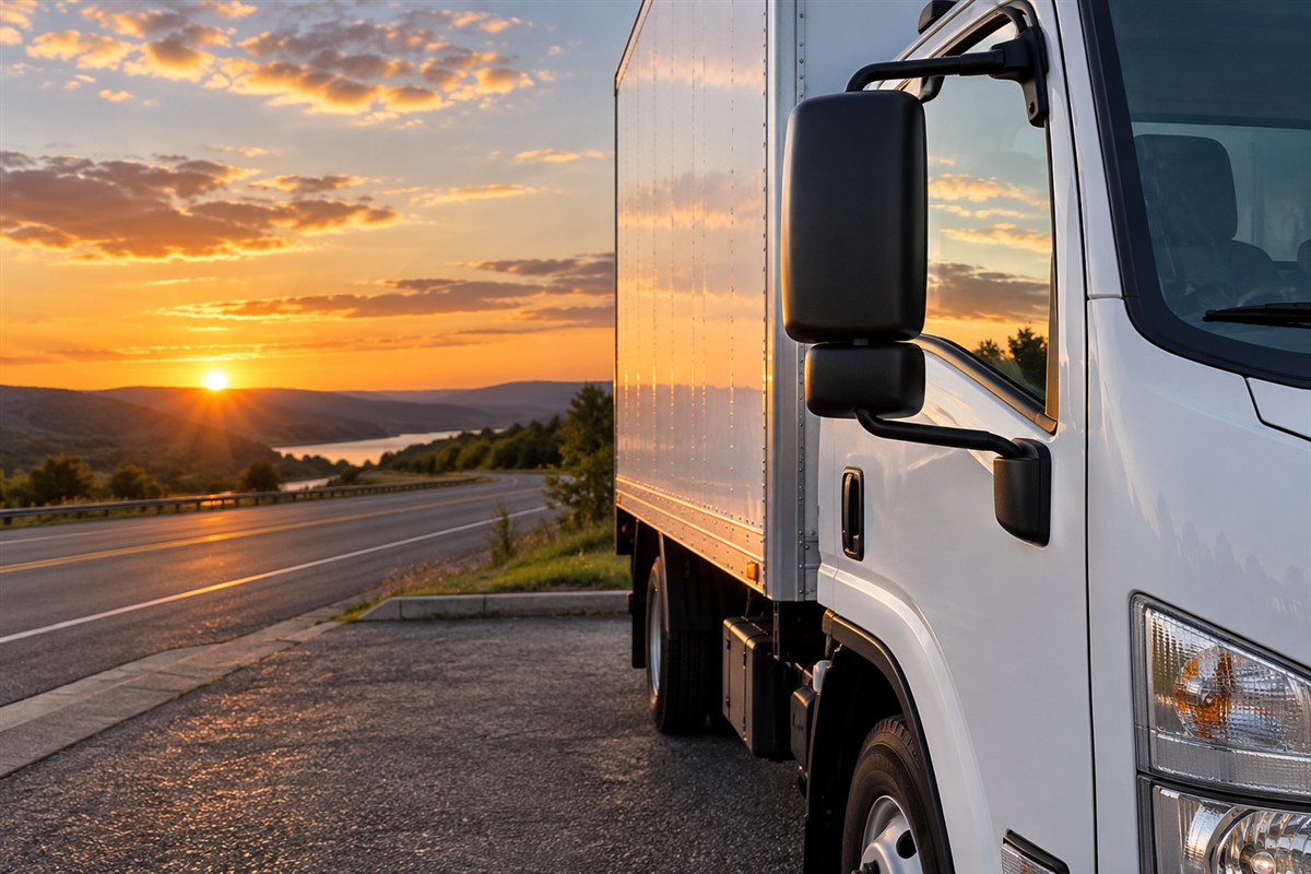 White box truck cab and mirror overlooking a highway at sunset