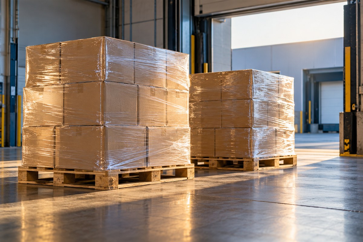 Wrapped pallets of general commercial freight at a loading dock